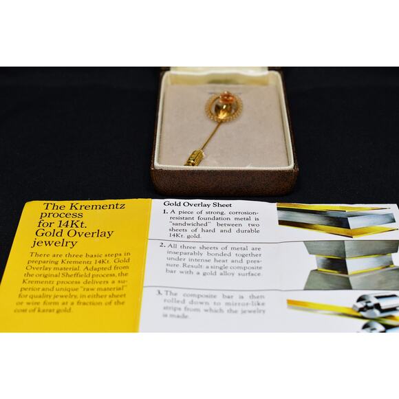 Vintage Signed Rose Flower Stick Pin, 14K Gold Overlay, In Original Box - Picture 3 of 10